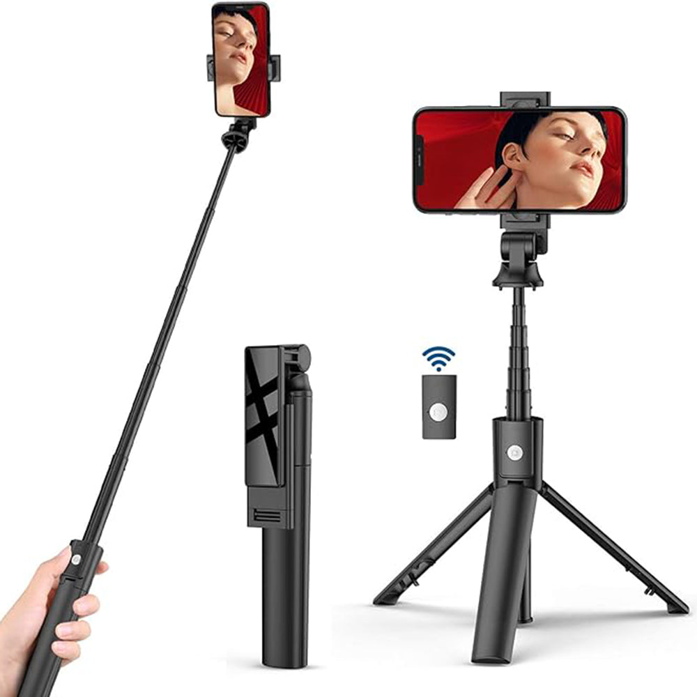 Techsuit - Selfie Stick (K22) - Compact Tripod Mount with Bluetooth Remote Control, Foldable, 97cm - Black