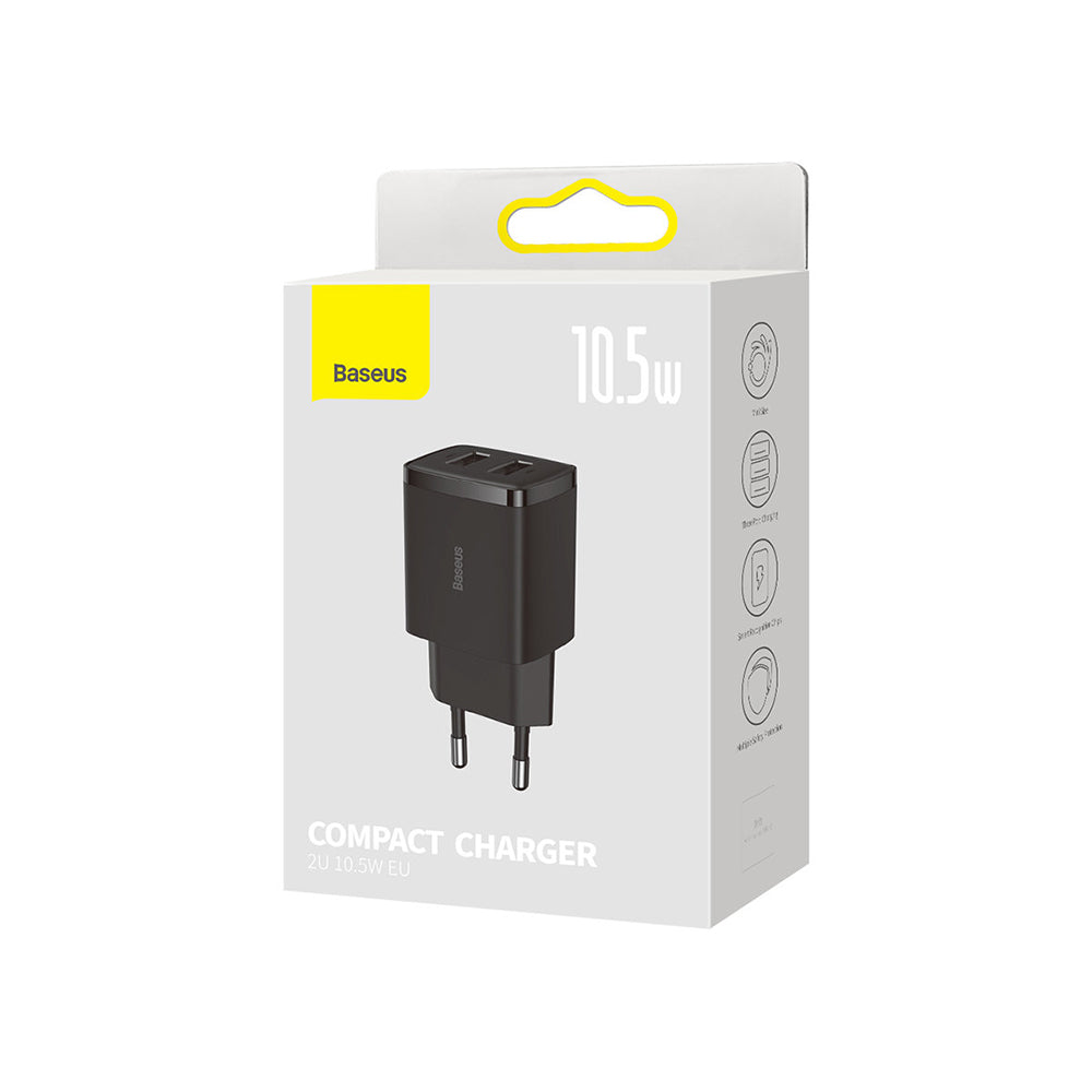 Baseus - Wall Charger (CCXJ010201) - 2 x USB, 10.5W, 5V/ 2A, Polycarbonate - Black