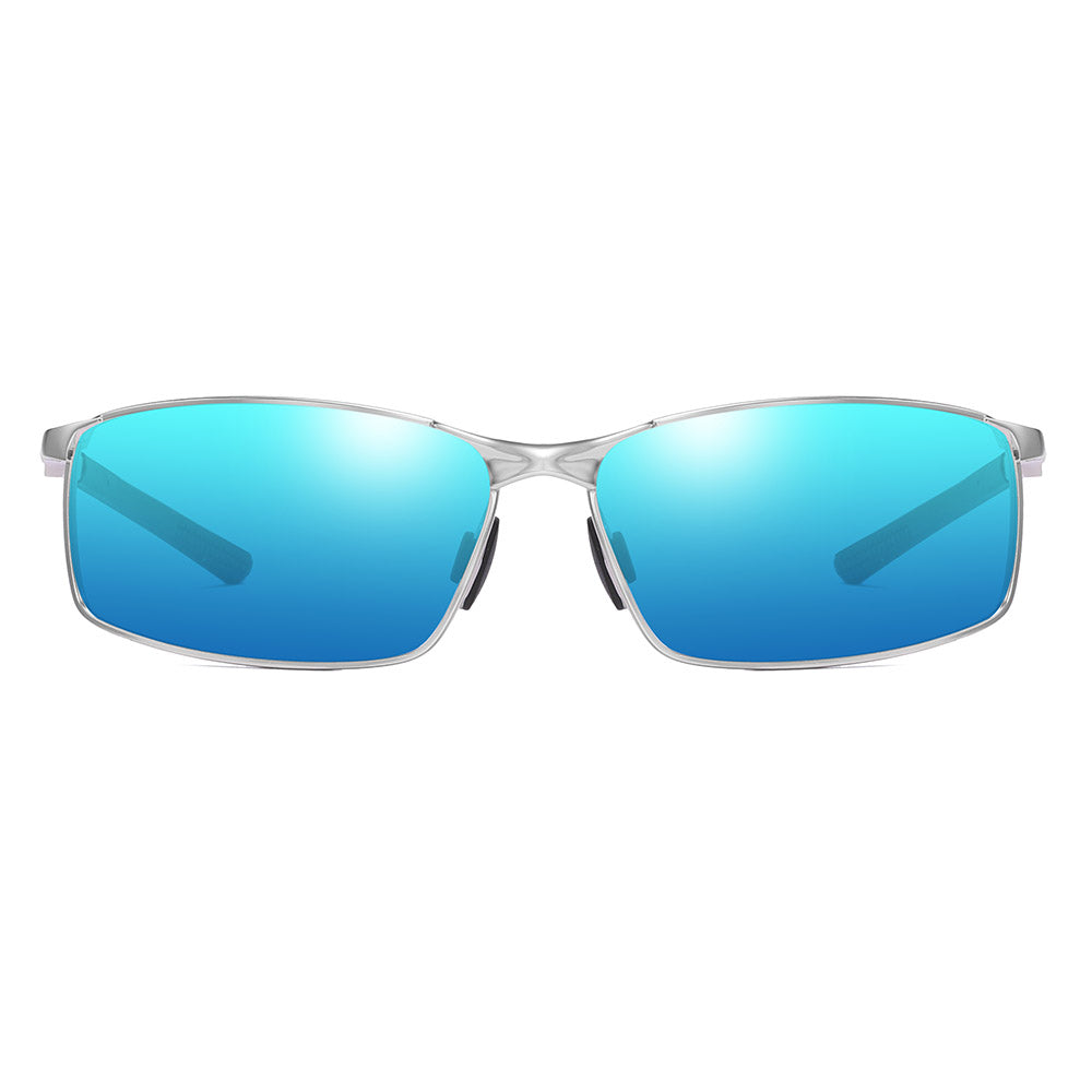 Techsuit - Sunglasses Polarized (559) - for Men, with UV Protection and Metal Frame, Rectangular - Silver / Blue Mirror