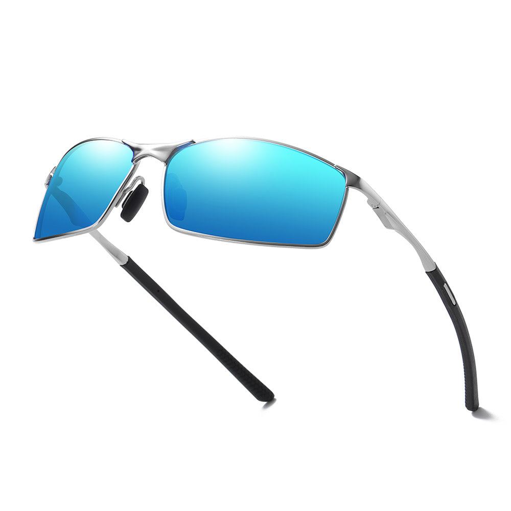 Techsuit - Sunglasses Polarized (559) - for Men, with UV Protection and Metal Frame, Rectangular - Silver / Blue Mirror