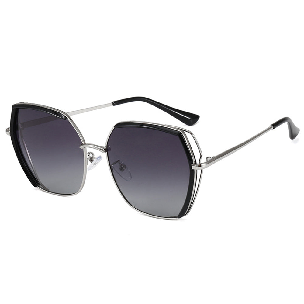 Techsuit - Sunglasses Polarized (9768) - Hexagonal, with UV Protection and Metal Frame - Black / Silver / Gray