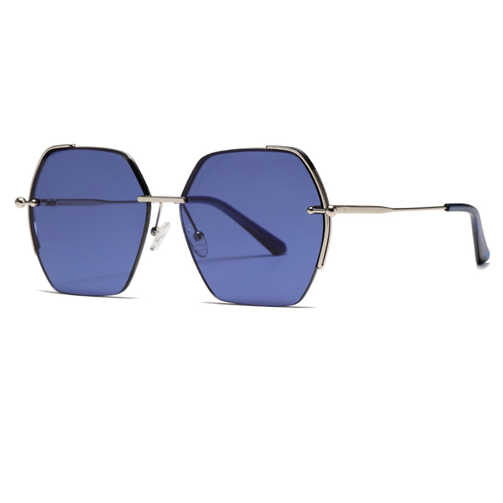 Techsuit - Sunglasses (8561) - for Women with Metal Frame and Nylon Lens, Hexagonal - Silver / Blue
